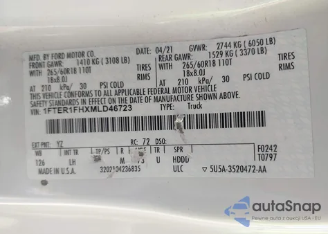 2021 Ford Ranger Xl из США, поврежденный, VIN 1FTER1FHXMLD46723